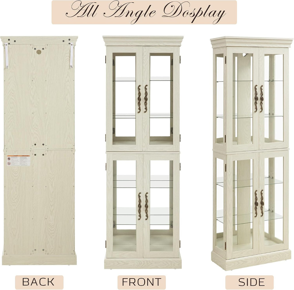 Lighted Curio Cabinet 71" Vintage Glass Display Case with Adjustable Shelves, 4 Tempered Glass Doors, Bulb Included, Wooden Wine Bar China Cabinet for Living Room Liquor Storage (Antique White)