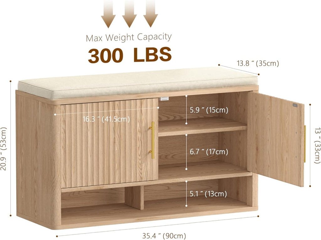 Fluted Shoe Storage Bench with Cushion, Entryway Bench with Adjustable Shelves and Open Bottom Shelf, Hidden Shoe Cabinet Storage for Entryway, Hallway, Living Room, Bedroom, Natural Oak