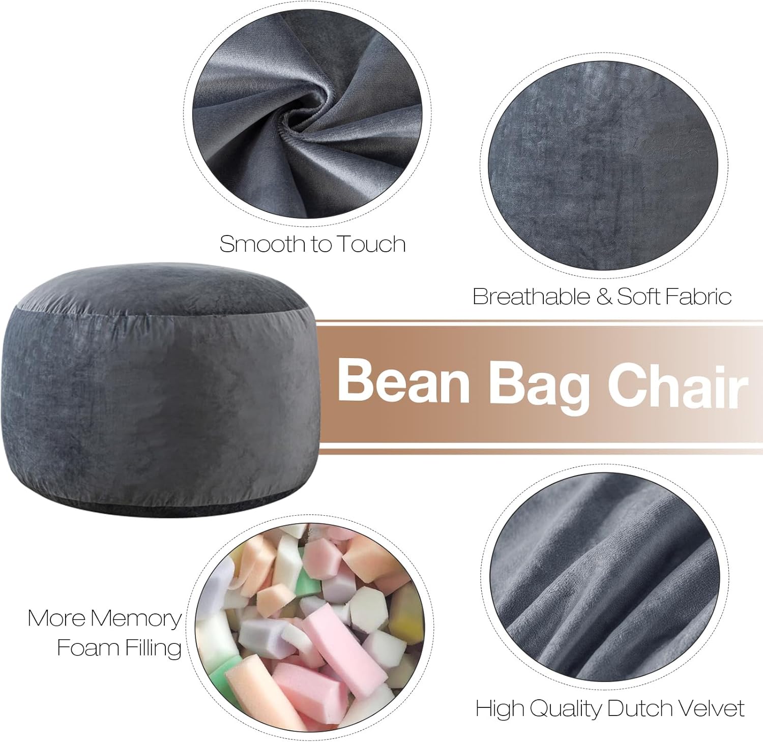 WhatsBedding 3 ft Bean Bag Chair,Large Bean Bag Chairs for Adults with Memory Foam Filling,Lazy Bean Bag Sofa for Living Room,Ultra Soft Velvet Fabric,Pull-Handle,Side-Pocket - 3 Foot,Dark Grey