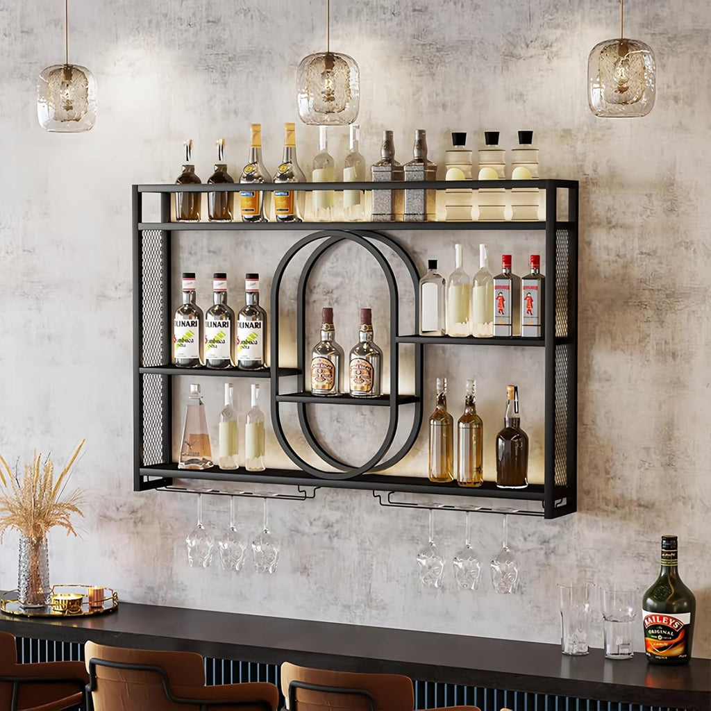 47" Upgrade Metal Wall Mounted Wine Rack, 3 Tier Bar Shelves with Glass Holder, Large Capacity Modern Liquor Shelves for Home Bar, Dining Room & Kitchen, Black