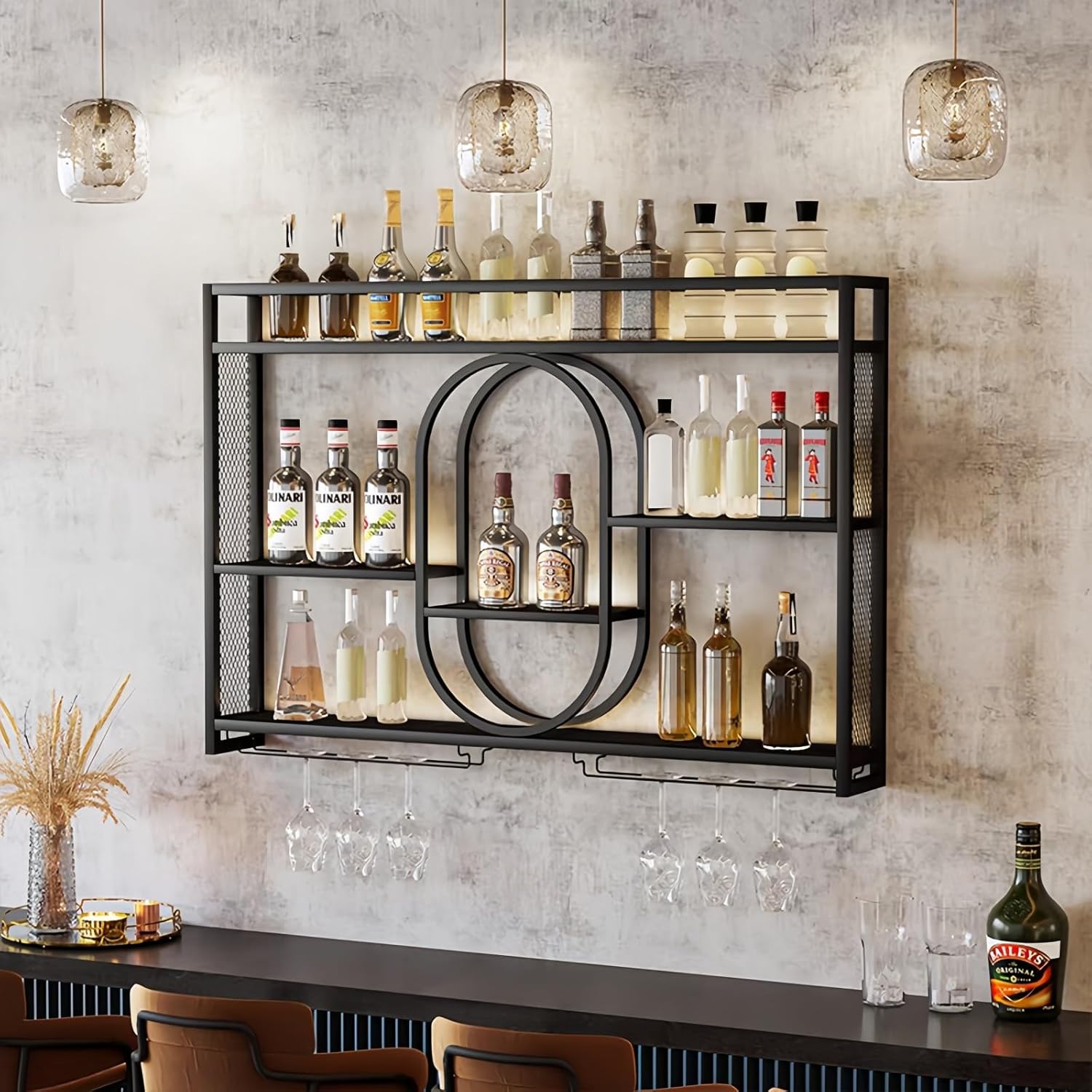 47" Upgrade Metal Wall Mounted Wine Rack, 3 Tier Bar Shelves with Glass Holder, Large Capacity Modern Liquor Shelves for Home Bar, Dining Room & Kitchen, Black