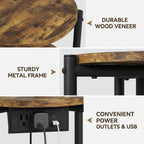 LIKIMIO Round End Table with Charging Station, 15.8" Side Table for Small Spaces, 2-Tier Industrial Nightstand with 77 lbs Load Capacity, Rustic Brown