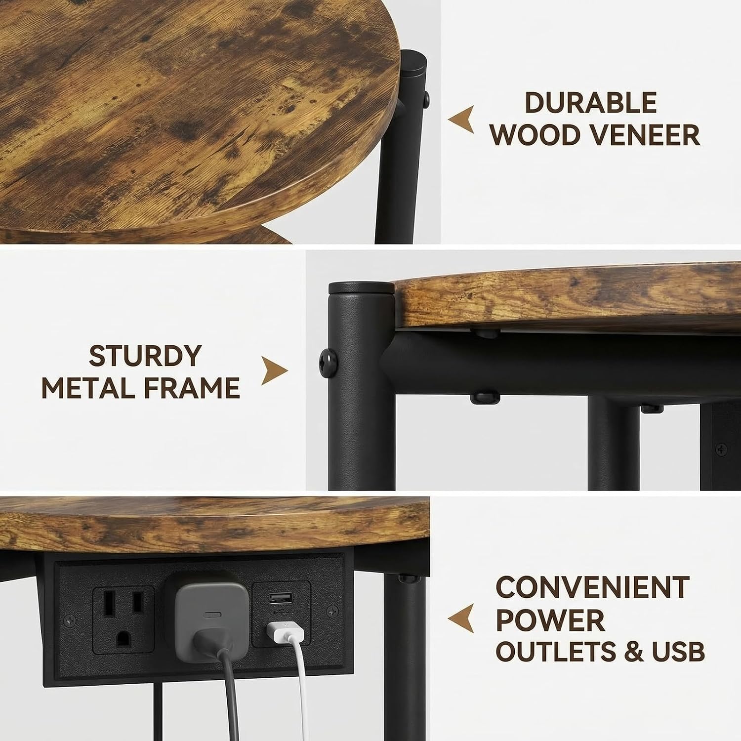 LIKIMIO Round End Table with Charging Station, 15.8" Side Table for Small Spaces, 2-Tier Industrial Nightstand with 77 lbs Load Capacity, Rustic Brown