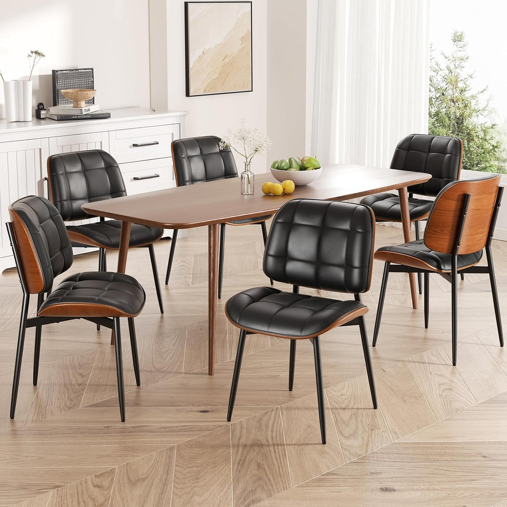 Dining Chairs Set of 2, Mid Century Modern Dining Room Chair, Upholstered Faux Leather Kitchen Chairs with Thick Cushion and Walnut Bentwood Back for Kitchen Dining Room, Black