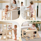 4-in-1 Toddler Kitchen Step Stool, Foldable Learning Standing Tower with Whiteboard, Wooden Kitchen Stool Helper for Kids, 1-3 Year Old Boy Girl Gifts