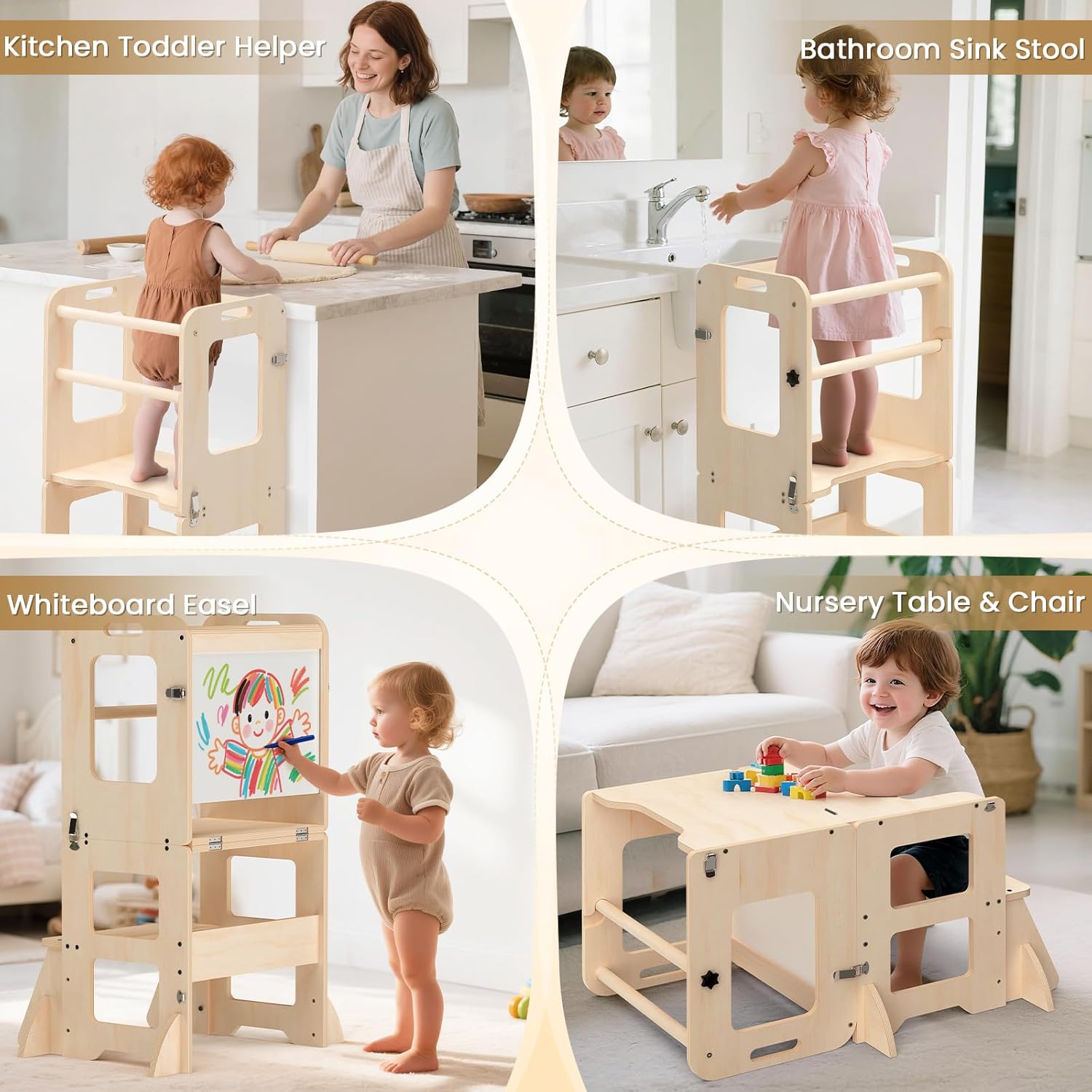 4-in-1 Toddler Kitchen Step Stool, Foldable Learning Standing Tower with Whiteboard, Wooden Kitchen Stool Helper for Kids, 1-3 Year Old Boy Girl Gifts