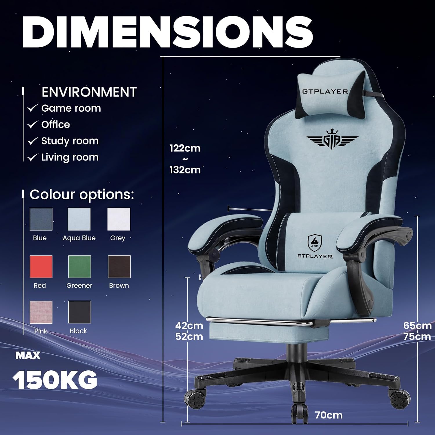 GTPLAYER Gaming Chair, Computer Office Chair Lumbar Support, Linkage Armrests and Footrest, Ergonomic Game Chair for Adults with Extended Backrest, Velvet Fabric, Light Blue