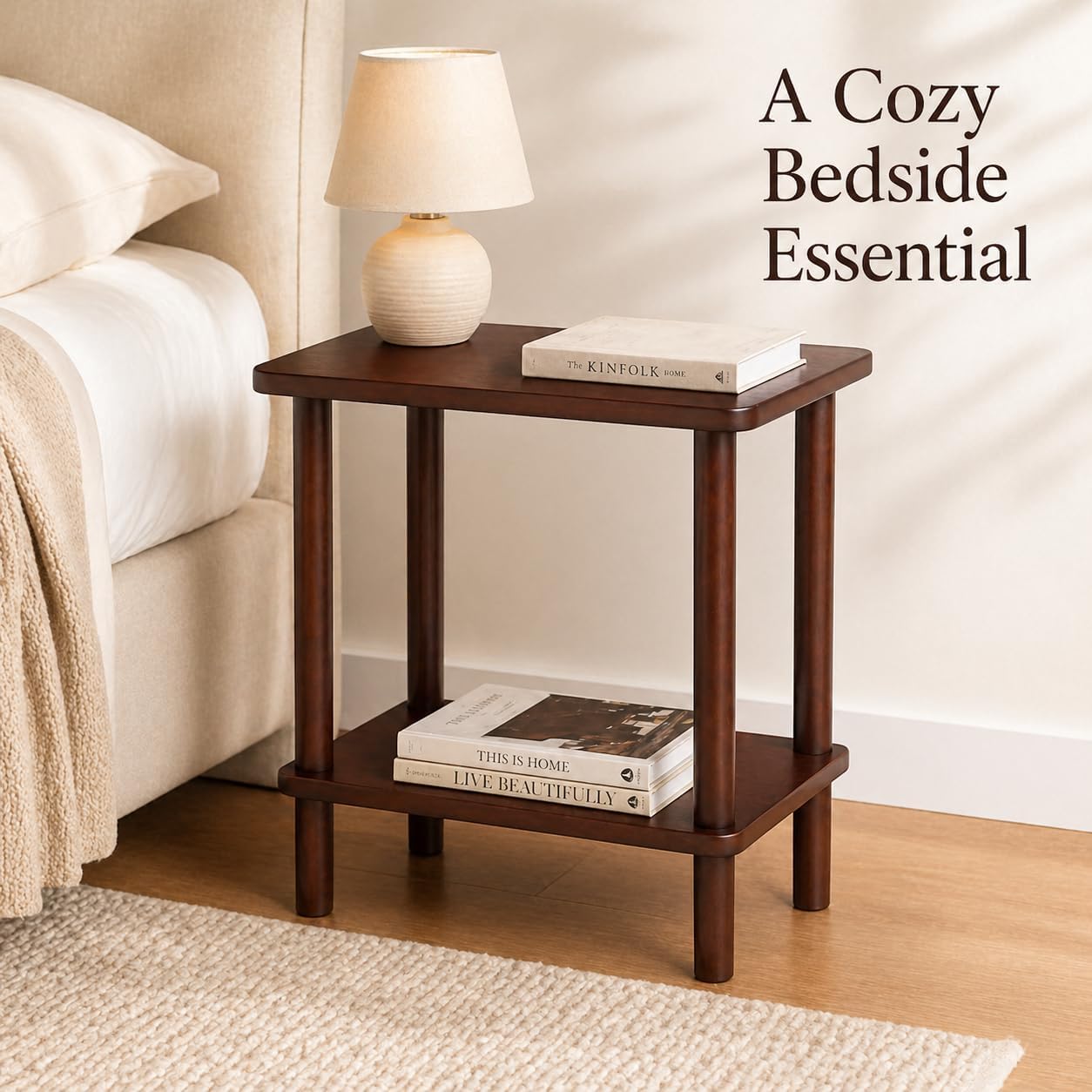 Solid Wood End Table, 2-Tier Side Table with Storage Shelf, Rubber Wood Nightstand for Living Room and Bedroom, Walnut Brown