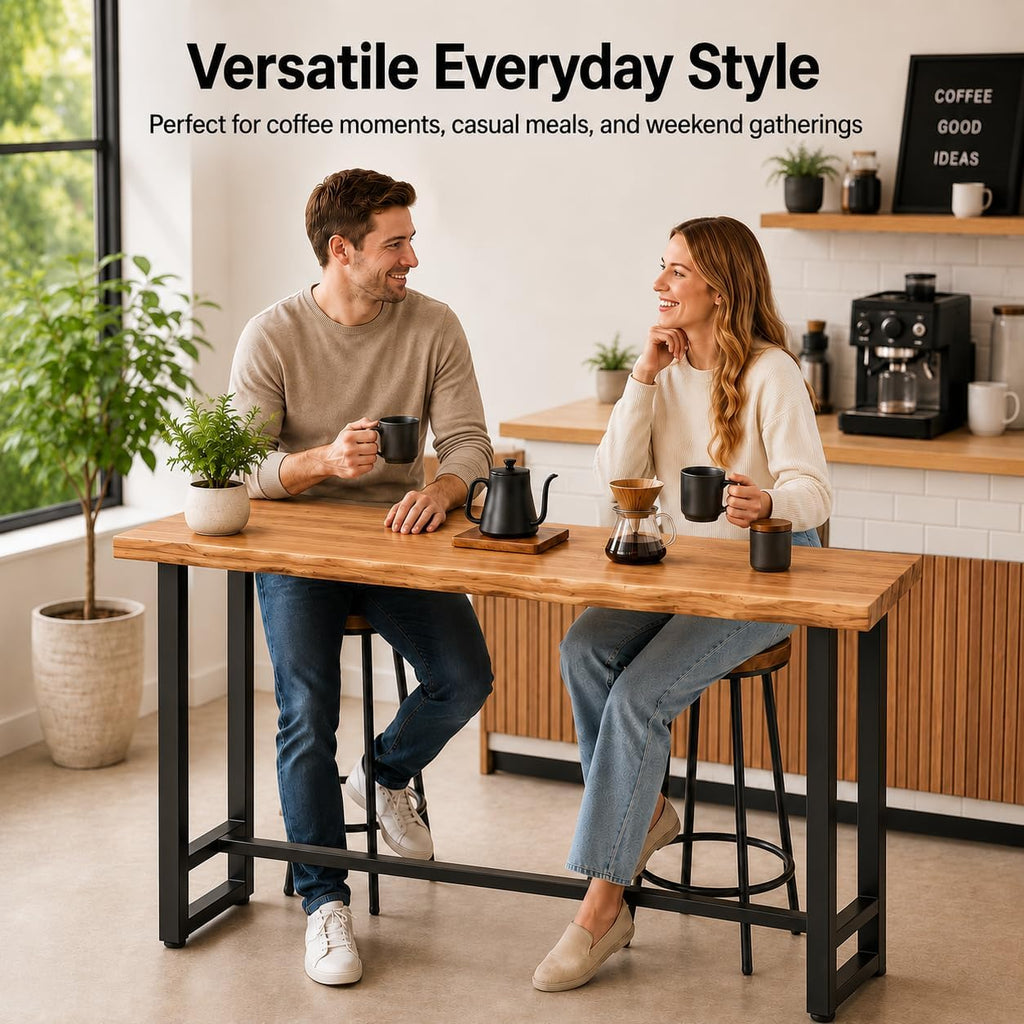 Solid Pine Wood Bar Table 47.2" - Industrial Counter Height Pub Table with Heavy Duty Steel Frame - Narrow High Top Table for Kitchen Island Home Bar & Small Spaces - Rustic Farmhouse (No Stools)