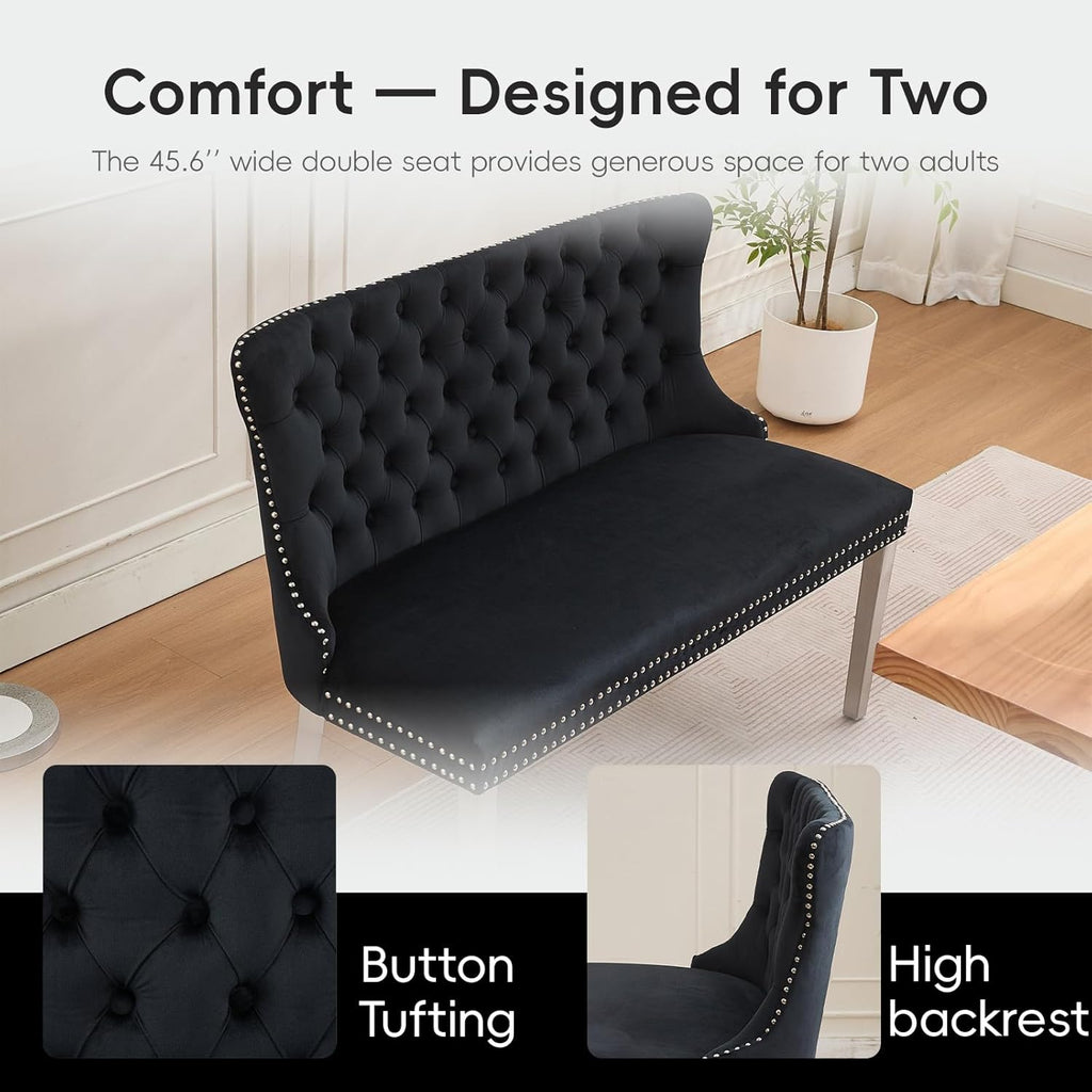 Velvet Double Dining Loveseat Bench with Wing Back, Tufted Upholstered 2-Seat Design,Silver Stainless Steel Legs, Modern Mid-Century Accent Seating for Dining Room, Kitchen, or Entryway (Black)
