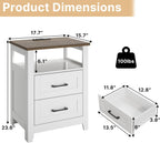 Decofy Farmhouse Nightstand with Charging Station, Modern End Tables with 2 Drawers & Open Shelf, Outlets, USB Ports & Type-C Ports, Wood Rustic Nightstands for Bedroom (2 Pack, Pure White + Walnut)