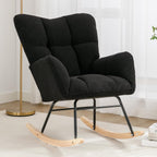 Modern Nursery Rocking Chair, Upholstered Glider Chair with High Backrest, Rocker Accent Armchair with Solid Wood Legs for Nursery Bedroom Living Room (Black Teddy)