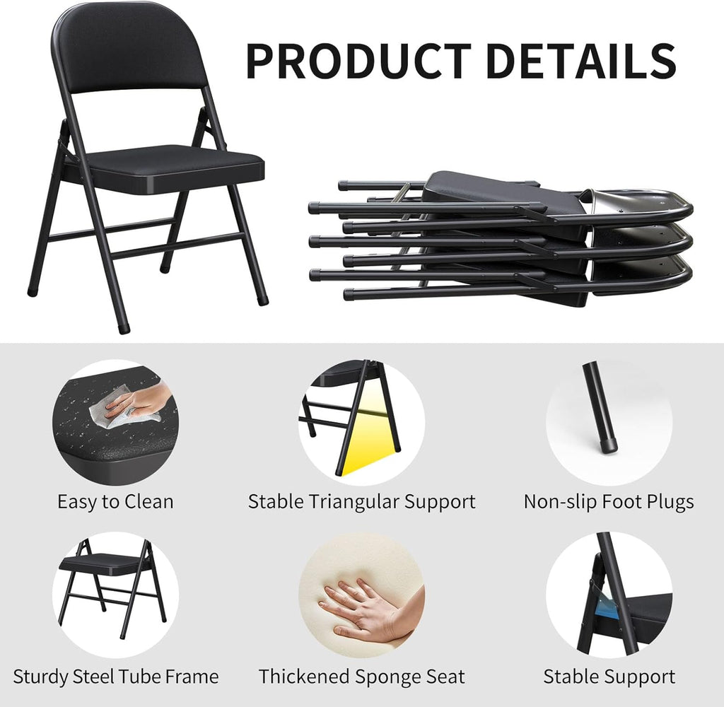 Set of 2 Padded Folding Chairs, PU Leather Seat Back, 300 lbs Heavy Duty Metal Frame, Foldable Portable Chairs for Indoor Outdoor Events, Dining, Guest Seating, Party, Wedding (Black, 2 Pack)