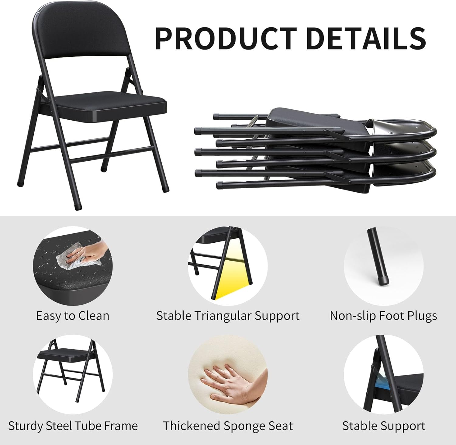 Set of 2 Padded Folding Chairs, PU Leather Seat Back, 300 lbs Heavy Duty Metal Frame, Foldable Portable Chairs for Indoor Outdoor Events, Dining, Guest Seating, Party, Wedding (Black, 2 Pack)
