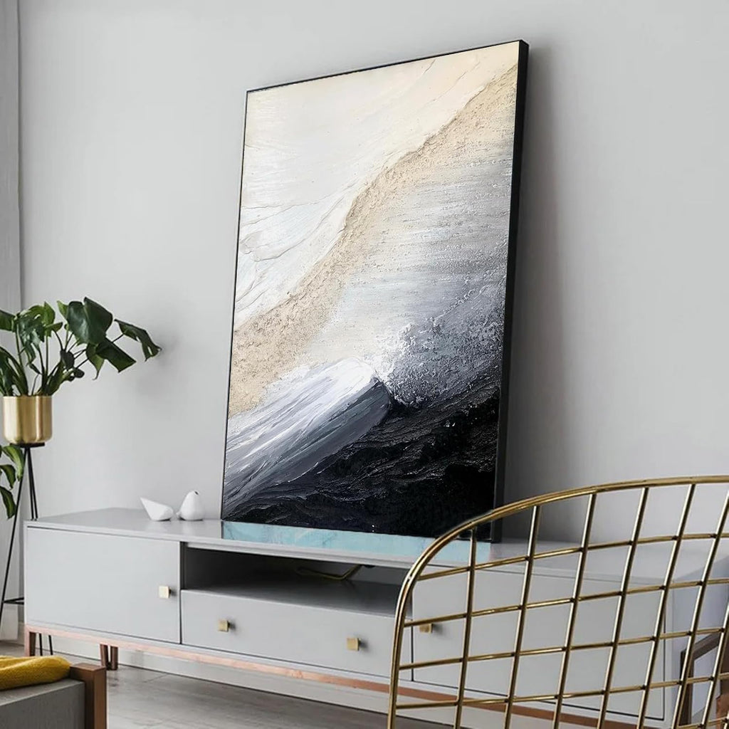 Large 3D Textured Coastal Wall Art in Black and White for Living Room, Hand-Painted Abstract Ocean Wave Oil Painting for Entryways, Modern Minimalist Framed Art for Bedroom Office Decor, Ready to Hang 32" x 48"