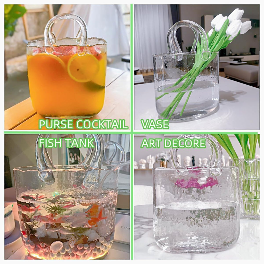 Glass Purse Vase, Handbag-Shaped Flower Vase with Handle, Clear Glass Vases for Home Décor, Weddings, Events, Office, or Table Centerpieces