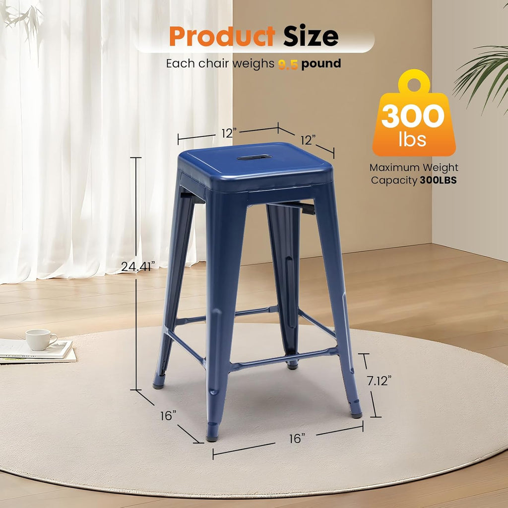 Sweetcrispy Metal Bar Stools Set of 4, 24 Inch Stackable Restaurant Classic Trattoria Metal Chairs, Backless Counter Height Barstool Chairs for Dining Room, Kitchen Island, Indoor Outdoor Use, Blue
