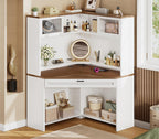 SEDETA 31.5" Corner Desk with Drawers, Small Office Computer Desk with Storage Shelves & Hutch for Small Space, Gaming Desk with LED Lights & Power Strip for Home Office, White + Brown
