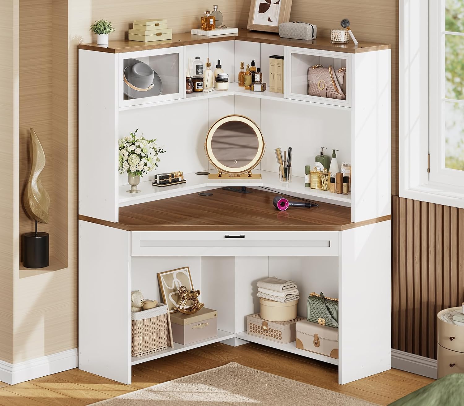 SEDETA 31.5" Corner Desk with Drawers, Small Office Computer Desk with Storage Shelves & Hutch for Small Space, Gaming Desk with LED Lights & Power Strip for Home Office, White + Brown