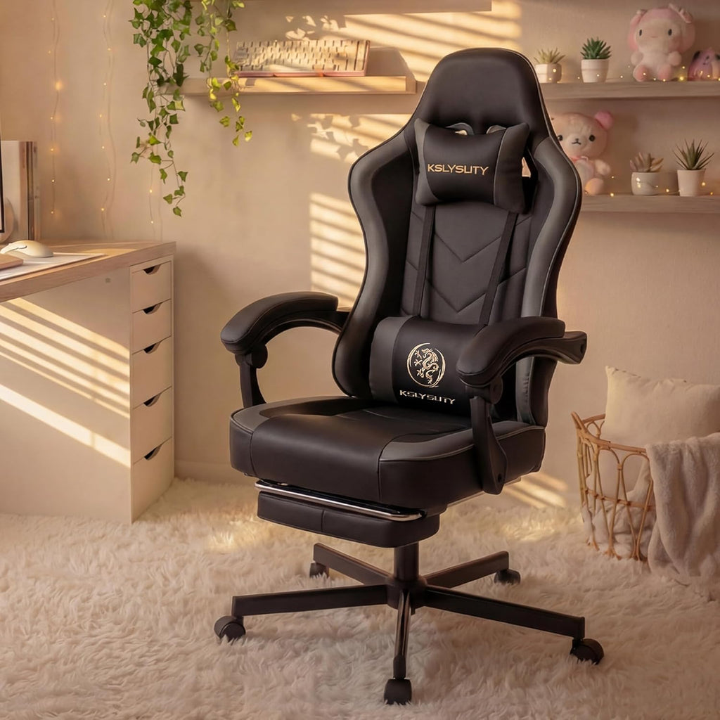 Gaming Chair with Footrest, Ergonomic Reclining Computer Chair, Height Adjustable, Lumbar Support, Adjustable Headrest, 360° Swivel High Back Chair for Home, Gaming (Grey Leather)