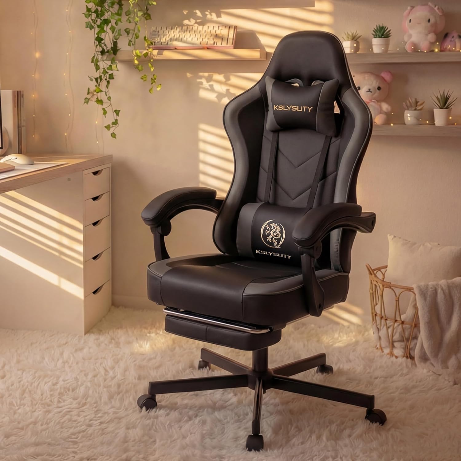 Gaming Chair with Footrest, Ergonomic Reclining Computer Chair, Height Adjustable, Lumbar Support, Adjustable Headrest, 360° Swivel High Back Chair for Home, Gaming (Grey Leather)