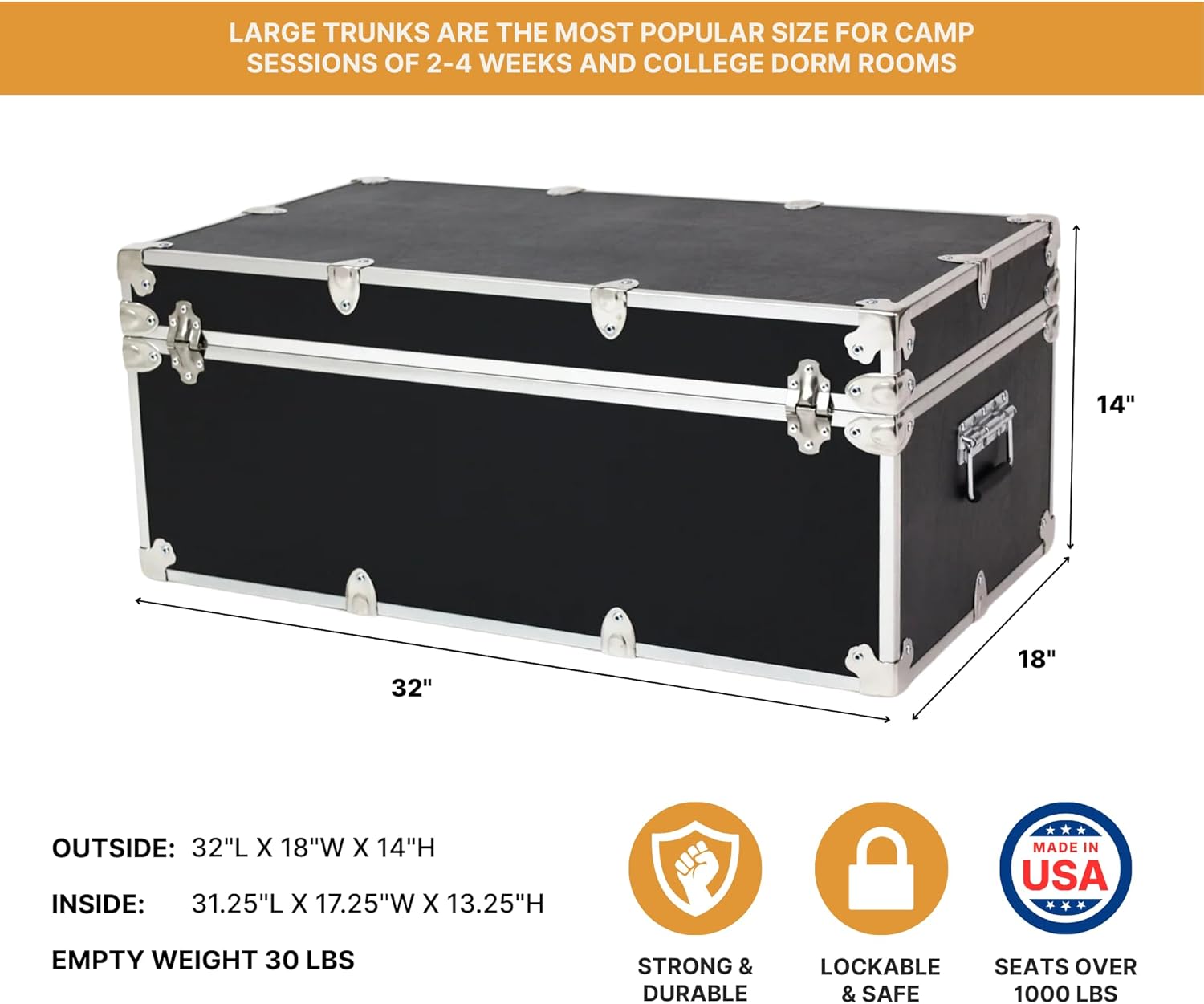 Rhino Trunk & Case Large Essential Trunk With Wheels 32”x18”x14”, 1000+ lbs Capacity - Many Colors. Strong, USA Made Summer Camp Footlocker, and Secure College Dorm Storage Chest