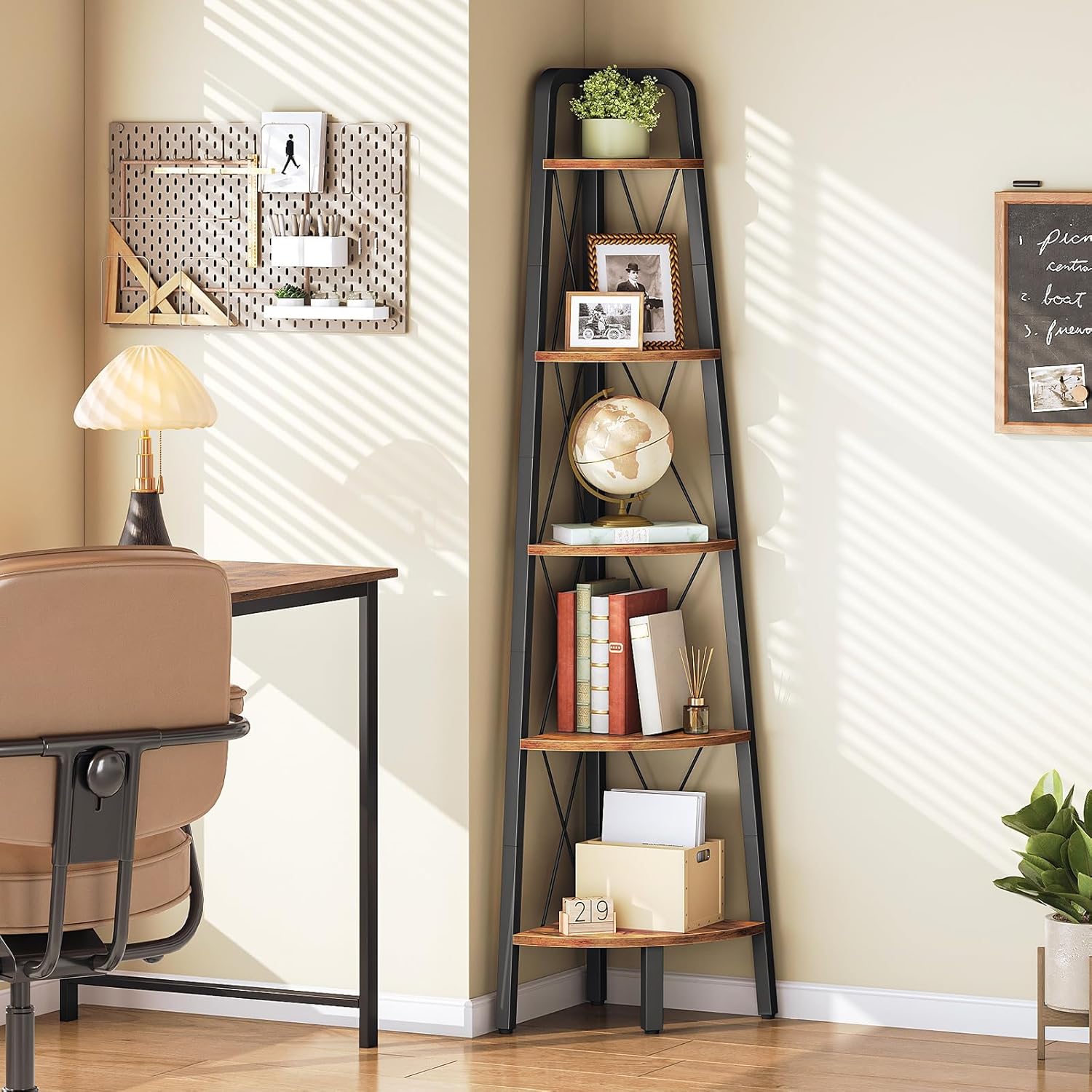 HOOBRO Corner Shelf, 5-Tier Corner Shelf Stand, 66.9" Tall Ladder Bookshelf, Industrial Corner Display Shelf Plant Stand for Living Room, Kitchen, Home Office, Rustic Brown BF145CJ01