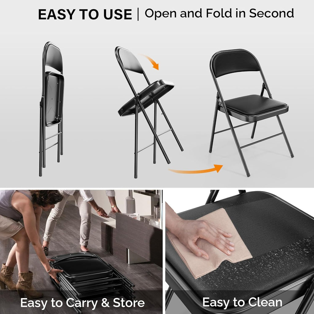 VINGLI 1 Pack Folding Chairs with Padded Seats, Metal Frame with Pu Leather Seat & Back, Capacity 350 lbs, Set of 1, Black