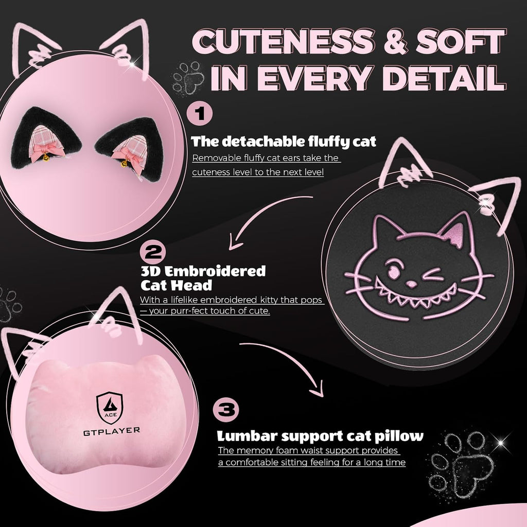 GTPOFFICE Gaming Chair Cute with Cat Ears, Ergonomic Computer Chair with Footrest Cat Paw Lumbar Support Comfortable Reclining Game Chair Desk Chair for Adult,Teens, Soft Fabric,Soft-Red