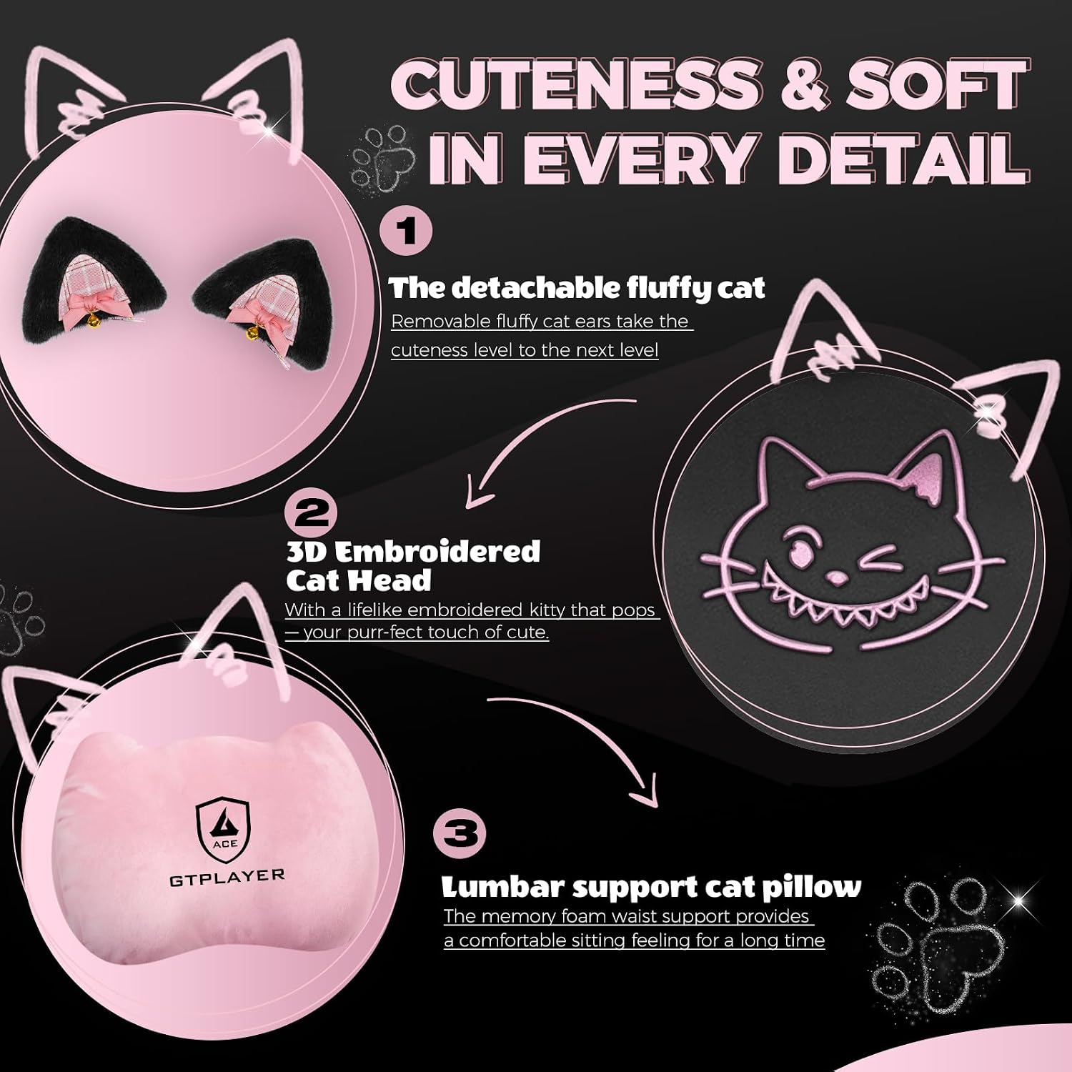 GTPOFFICE Gaming Chair Cute with Cat Ears, Ergonomic Computer Chair with Footrest Cat Paw Lumbar Support Comfortable Reclining Game Chair Desk Chair for Adult,Teens, Soft Fabric,Soft-Red