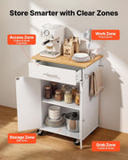 VEVOR Kitchen Island Cart with Storage, 24.84 in Wide Mobile Rolling Storage Island on Swivel Wheels, with Drawer, Storage Cabinet, Towel Rack, Hooks, Table for Home Dining Room, White