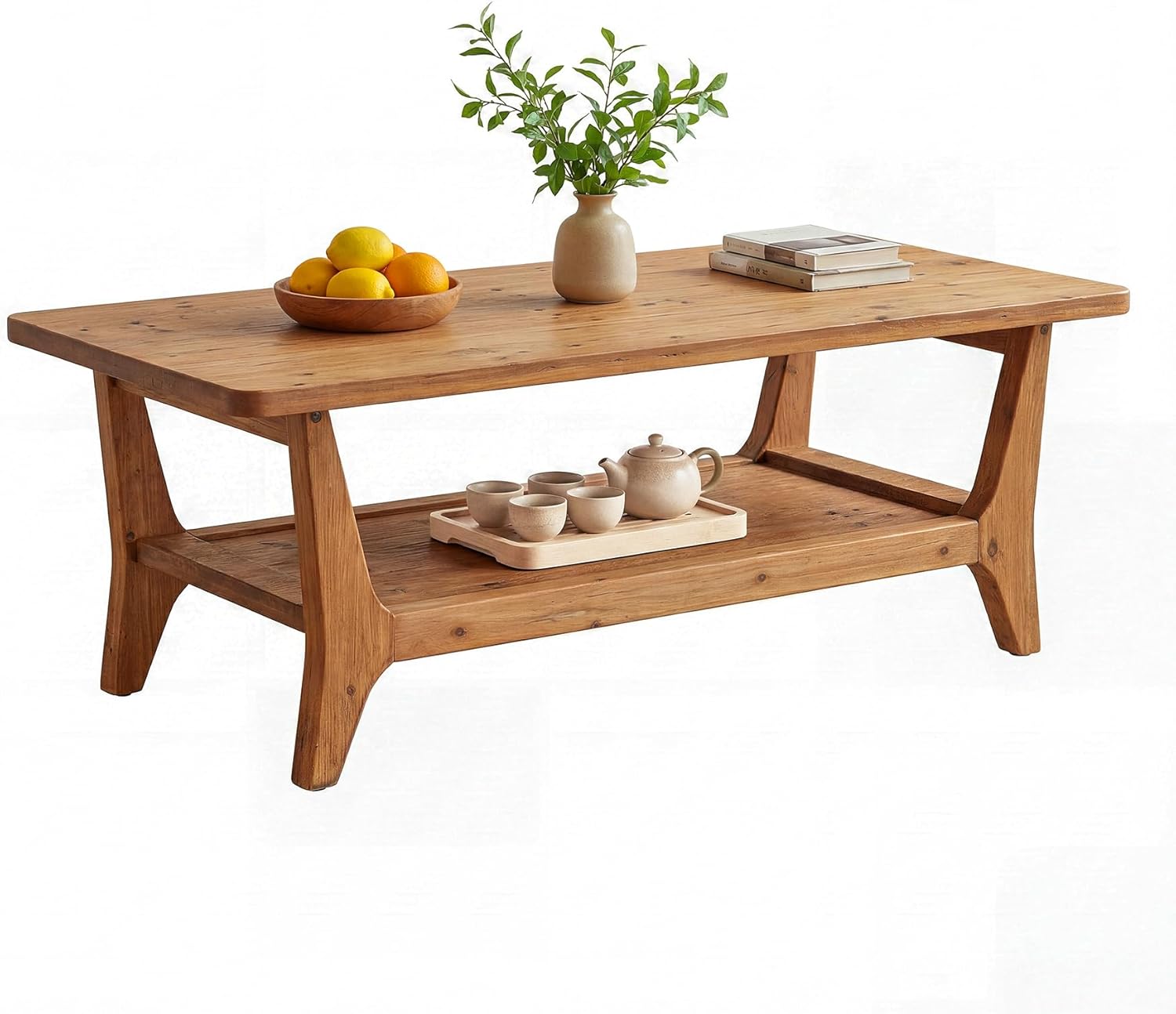 LITTLE TREE Solid Wood Coffee Table, 47-Inch Living Room Center Table with Shelf, 2-Tier, Smooth Corners, Lightweight, Easy Assembly, 23.6" D x 47.2" W, Warm Cedar Brown Finish