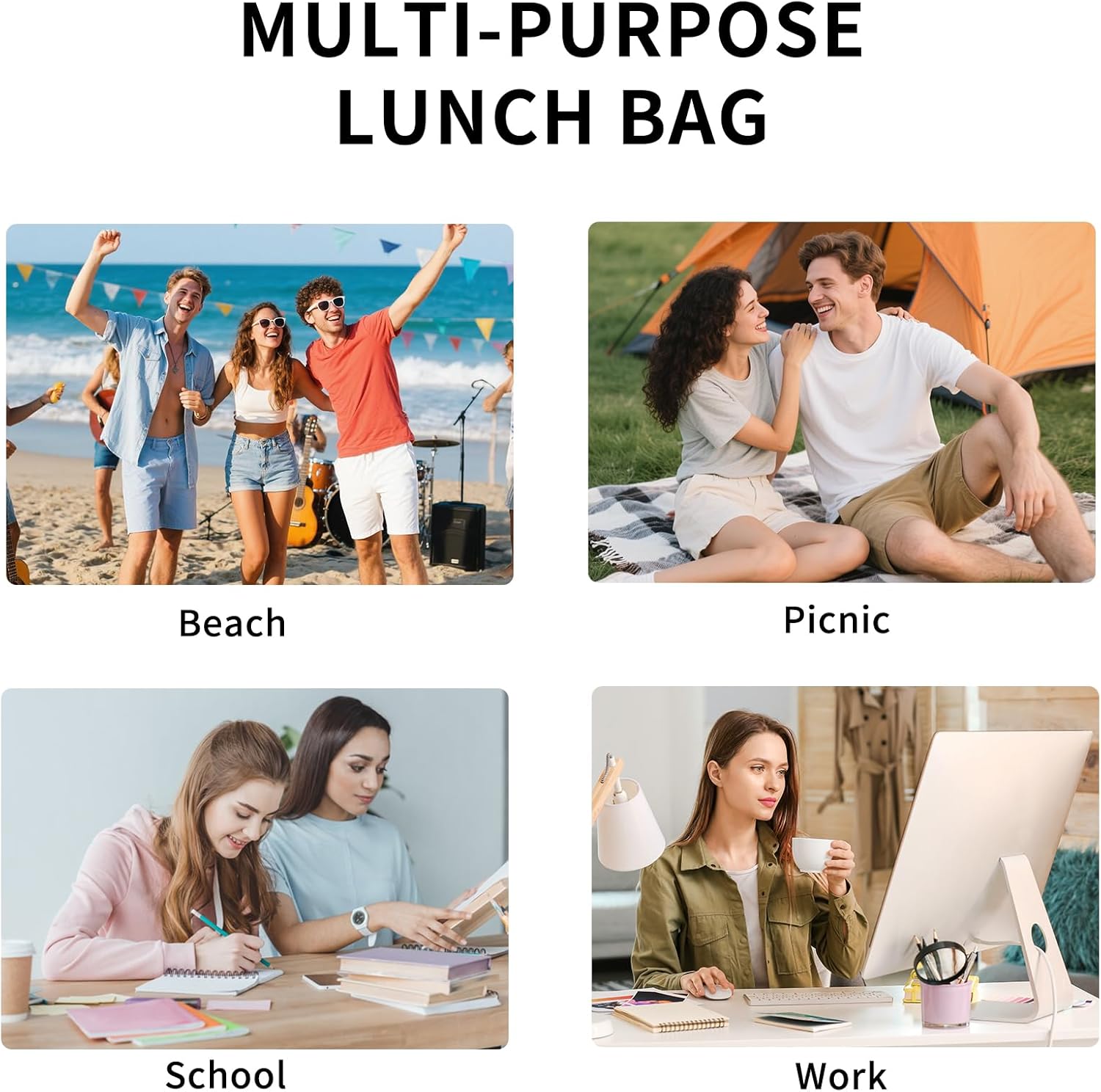 Lunch Bag Women Lunch Box for Women Adult Cute Insulated Lunch Bag Lager Cooler Lunch Tote Bags for Work Picnic (Black-White Plaid)
