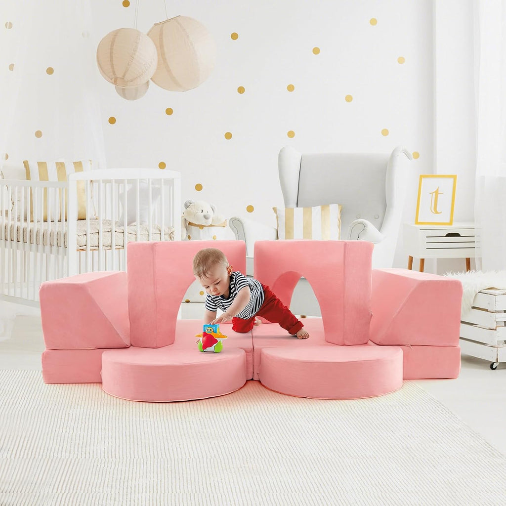 Costzon Convertible Toddler Couch, 8PCS Kids Modular Play Sofa w/Detachable Cover for Playroom, Creative Couch for Playing, Creating & Sleeping, Imaginative Furniture for Girls & Boys (Pink)