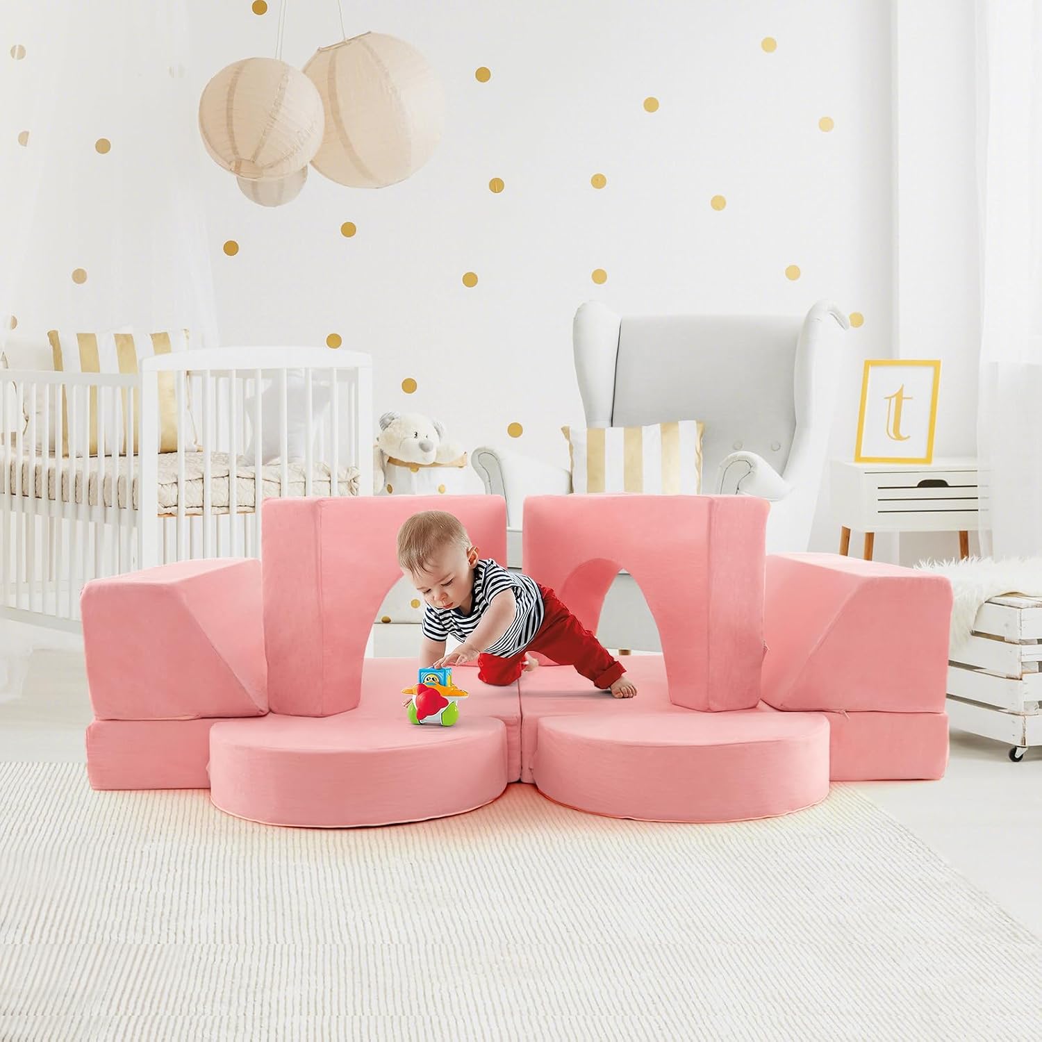Costzon Convertible Toddler Couch, 8PCS Kids Modular Play Sofa w/Detachable Cover for Playroom, Creative Couch for Playing, Creating & Sleeping, Imaginative Furniture for Girls & Boys (Pink)