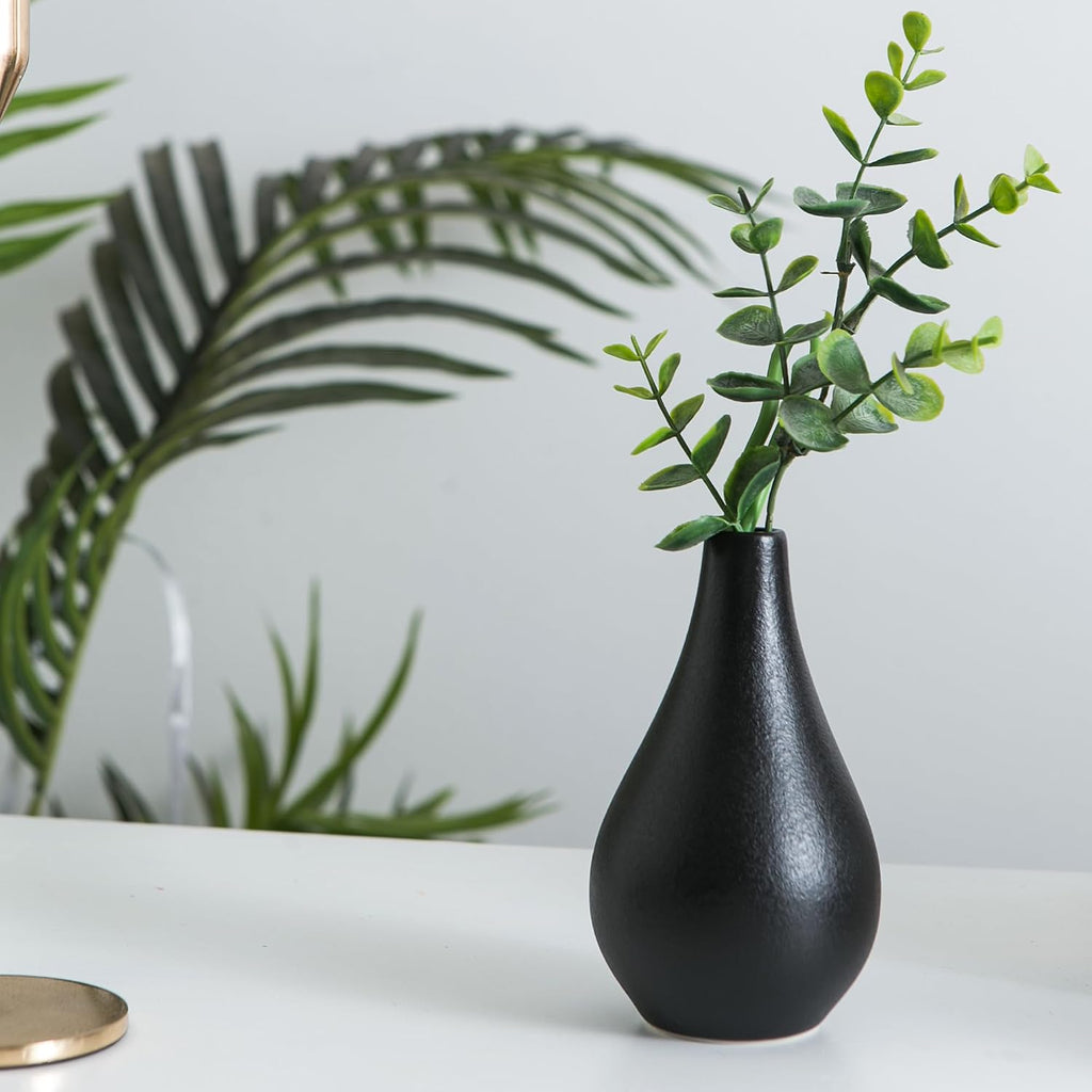 Small Ceramic Vase Set of 5, Black Bud Vase with Boho Decorative Design for Fireplace, Entryway & Living Room Centerpiece