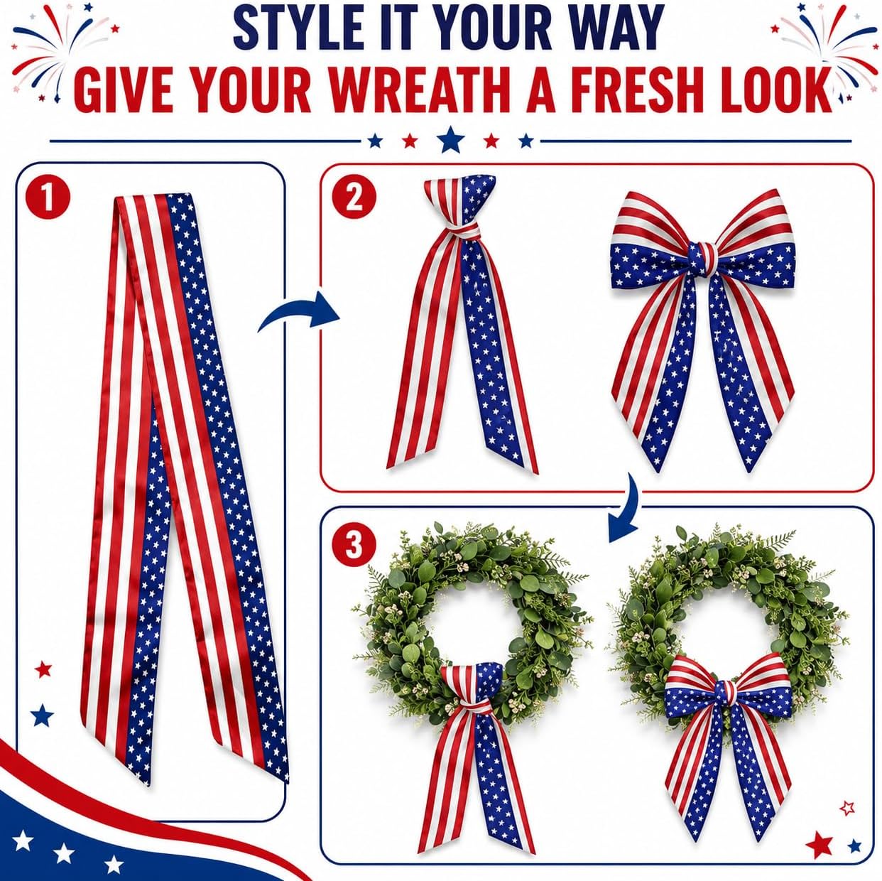 Patriotic Wreath Sash for Front Door, 4.5 x 56 Inch Red White and Blue Stripe Patriotic Wreath Satin Sash for 4th of July Memorial Day Independence Day Porch Decor