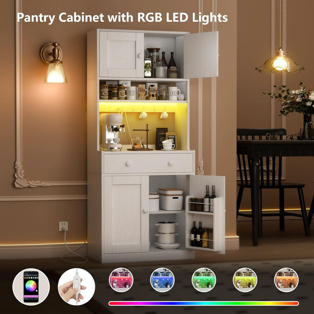 Korfile 71" Tall Kitchen Pantry Storage Cabinet with Power Outlet & LED Light, Freestanding Food Pantry Cabinet with 4 Doors and Shelves, Cupboard with Drawer, Hutch with Microwave Stand, White