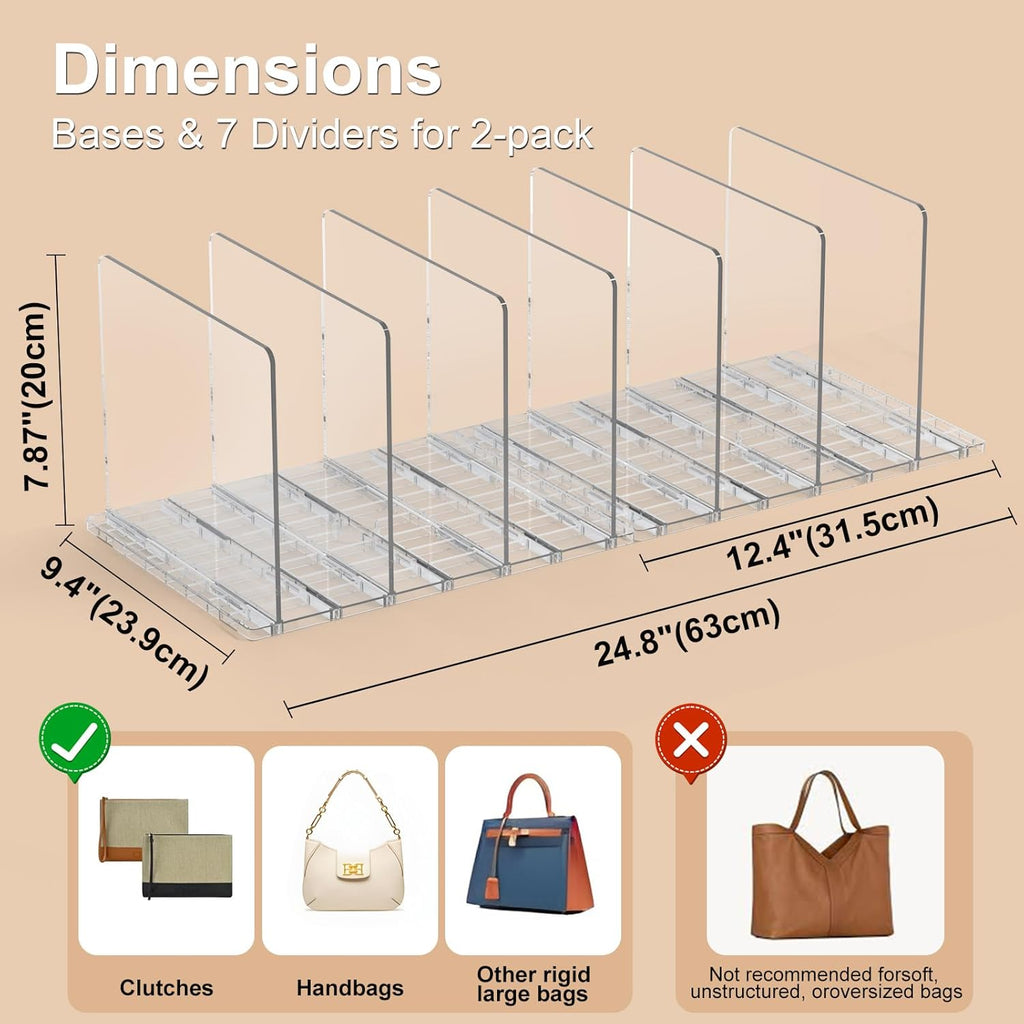 SortNStore Bag & Purse Organizer for Closet: Adjustable Clear Handbag Storage Shelf - Plastic Clutch Dividers for Closet Organizers and Storage - Keep Carteras & Pocketbook Upright