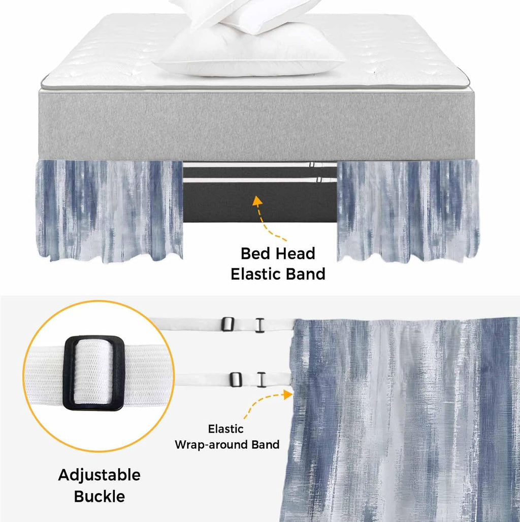 Blue Gray Ombre Bed Skirt King Size 16 Inch Drop, Adjustable Elastic Bedskirt Dust Ruffle for King Size Bed, Modern Abstract Art Oil Painting Wrap Around Bed Skirts Luxurious Pleated Bed Frame Cover