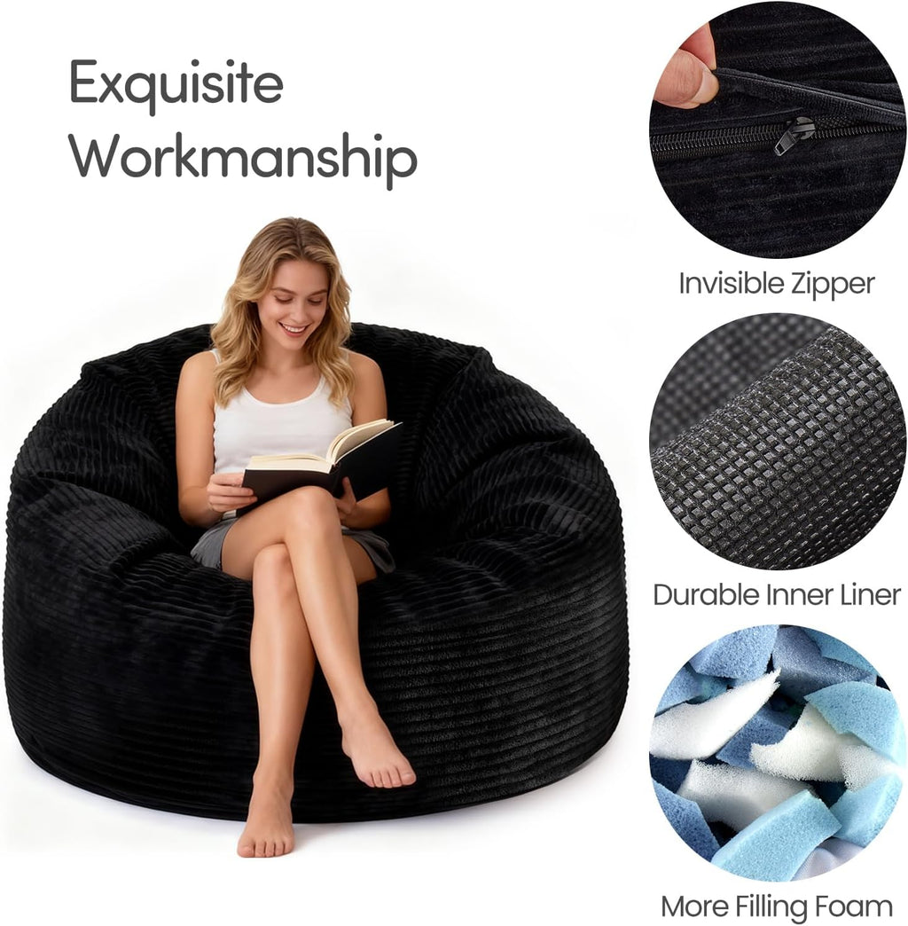 Bean Bag Chairs, 3FT Bean Bag with Memory Foam Filling, Removable and Washable Pinwale Plush Cover, Comfy Bean Bag Chairs for Living Room, Den, Bedroom or Office-Black