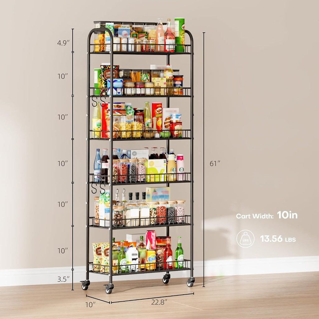 6-Tier Slim Storage Cart, Rolling Kitchen Cart with Wheels, Narrow Metal Shelf Organizer with Hooks for Kitchen, Bathroom, Living Room, Laundry, Small Spaces (Black, 10 in)