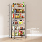 6-Tier Slim Storage Cart, Rolling Kitchen Cart with Wheels, Narrow Metal Shelf Organizer with Hooks for Kitchen, Bathroom, Living Room, Laundry, Small Spaces (Black, 10 in)