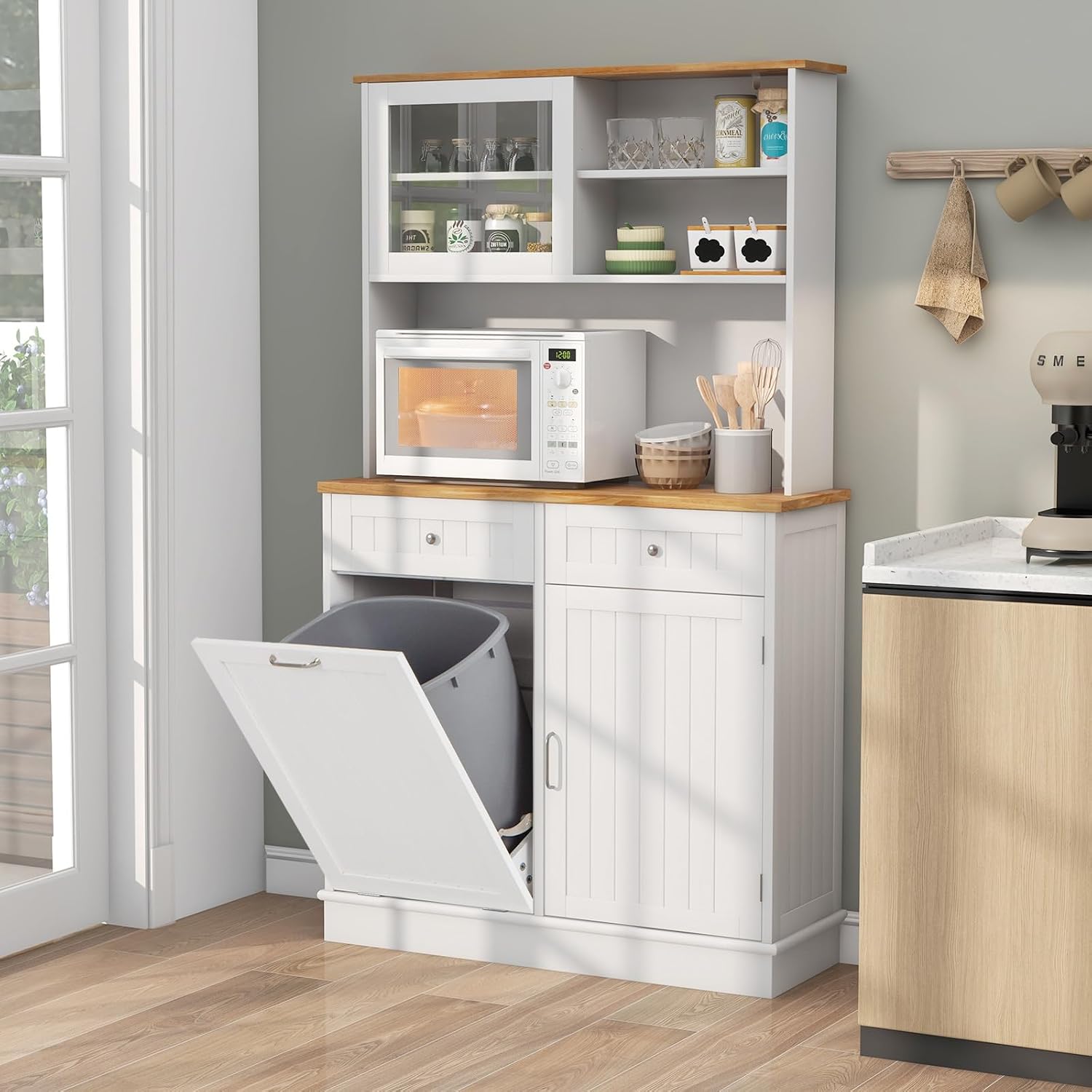 68" Tall Kitchen Pantry Cabinet, Freestanding Kitchen Hutch w/Tilt Out Trash Can Cabinet, Microwave Countertop, Sliding Glass Door, Wooden Dining Room Cupboard