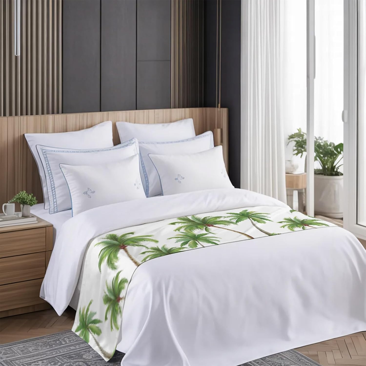 Green Palm Trees Bed Runner Scarf Cal King Size, Summer Botanical Tree Tropical Luxury Bed Throw Runners & Scarves for Twin Full Queen King Foot of Beds, Hotel Decoration, 102"x20"