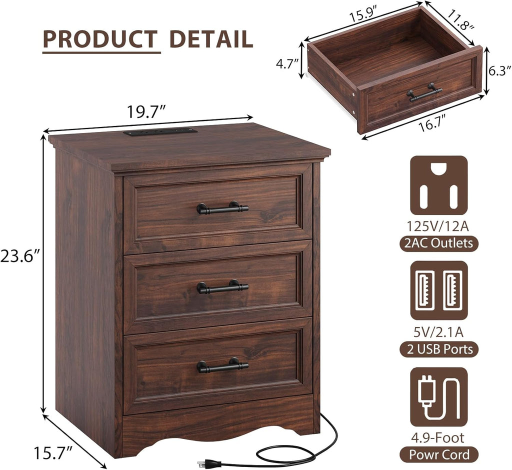 Walnut Night Stand with Charging Station, Farmhouse Bedside Table & End Table with 3 Drawers and Unique Base Design, Wood Nightstand with Metal Handles for Bedroom, Living Room
