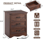 Walnut Night Stand with Charging Station, Farmhouse Bedside Table & End Table with 3 Drawers and Unique Base Design, Wood Nightstand with Metal Handles for Bedroom, Living Room