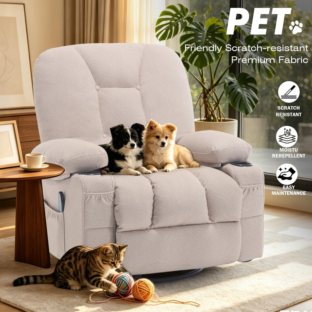 Rocker Recliner Chair with Massage and Heat, Oversized Rocking Nursery Recliners Overstuffed Swivel Glider with Cup Holder, Fabric Manual Single Sofa for Living Room, Beige