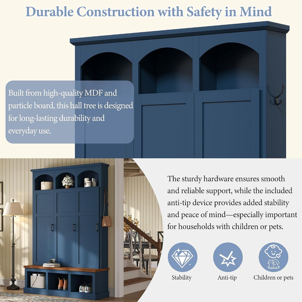 Merax Classic Arched Hall Tree with 3 Hidden Storage, Farmhouse Mudroom Bench with 5 Hooks, Mid-Century Entryway Organizer for Shoes, Blue