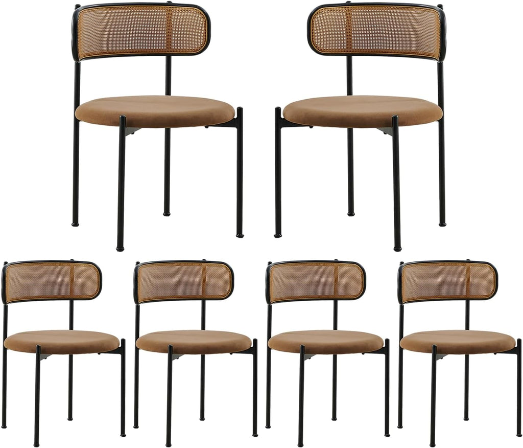 Rattan Dining Chairs Set of 6, Velvet Mid-Century Modern Upholstered Dining Chairs with Woven Cane Backrest, Brown Kitchen Dining Room Chairs